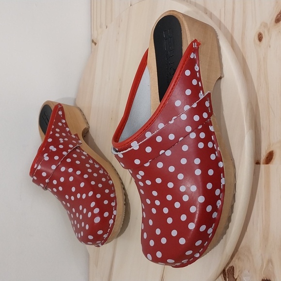 BJork Swedish Comfort Red Polka Dot Clogs Size 39 Woodend Wedge Mule Clog Shoes - Picture 3 of 14